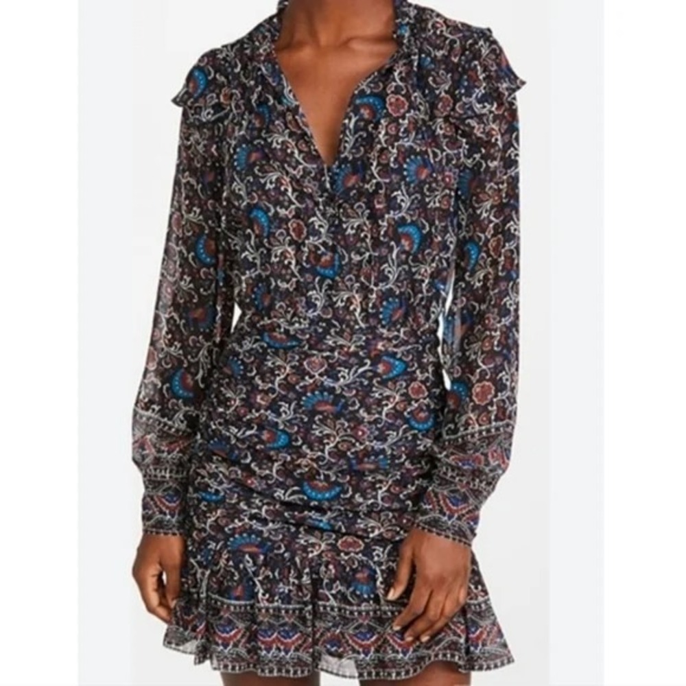 Veronica Beard Jaylene Dress Size 8 Black Multi Paisley-Print Silk Ruffled Mini
